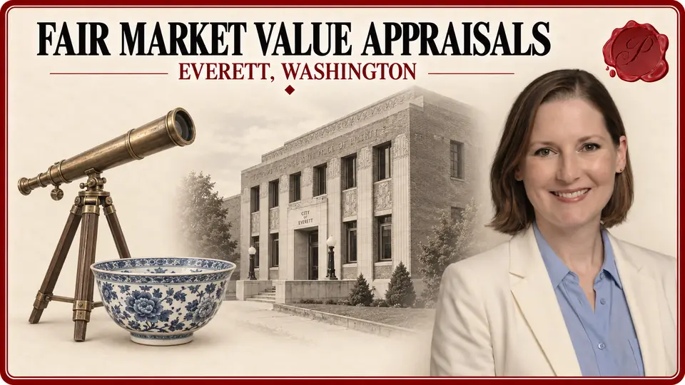 Fair market value appraisals in Everett, Washington, shown with a brass telescope, blue-and-white porcelain bowl, an appraiser and Historic City Hall.