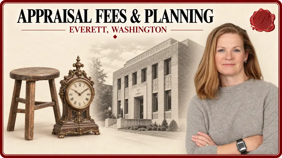 Appraisal fees and planning in Everett, Washington, illustrated by a wooden stool, ornate antique mantel clock, an appraiser and Historic City Hall.