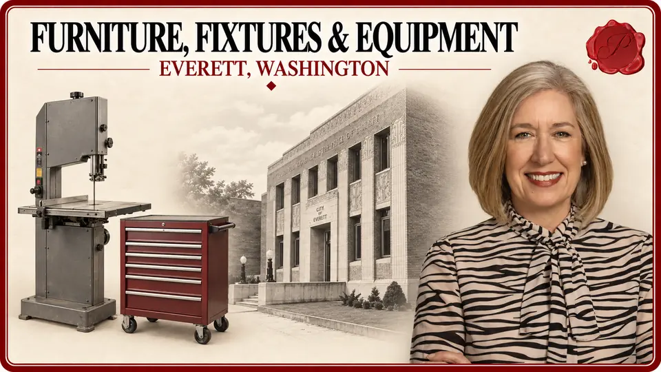 Furniture, fixtures and equipment appraisals in Everett, Washington, with a commercial band saw, rolling tool cabinet, an appraiser and Historic City Hall.