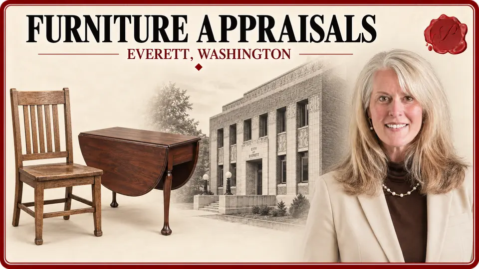 Furniture appraisals in Everett, Washington, shown with an oak dining chair, mahogany drop-leaf table, an appraiser and Historic City Hall.