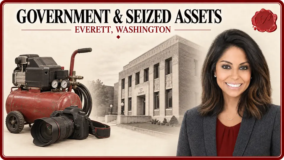Government and seized-asset appraisals in Everett, Washington, with a portable air compressor, professional camera, an appraiser and Historic City Hall.