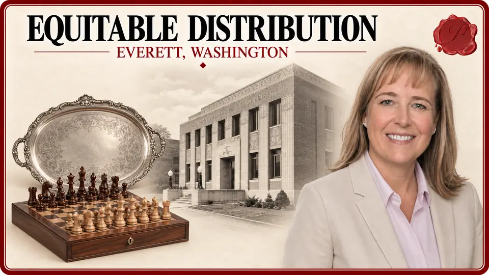Equitable distribution appraisals in Everett, Washington, illustrated by a silver serving tray, wooden chess set, an appraiser and Historic City Hall.