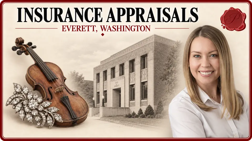 Insurance appraisals in Everett, Washington, with a diamond brooch, antique violin, an appraiser and Historic City Hall.