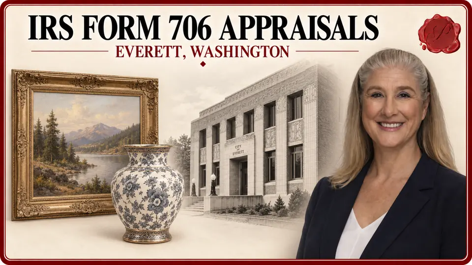 IRS Form 706 appraisal card for Everett, Washington, with a framed landscape painting, floral porcelain urn, an appraiser and Historic City Hall.