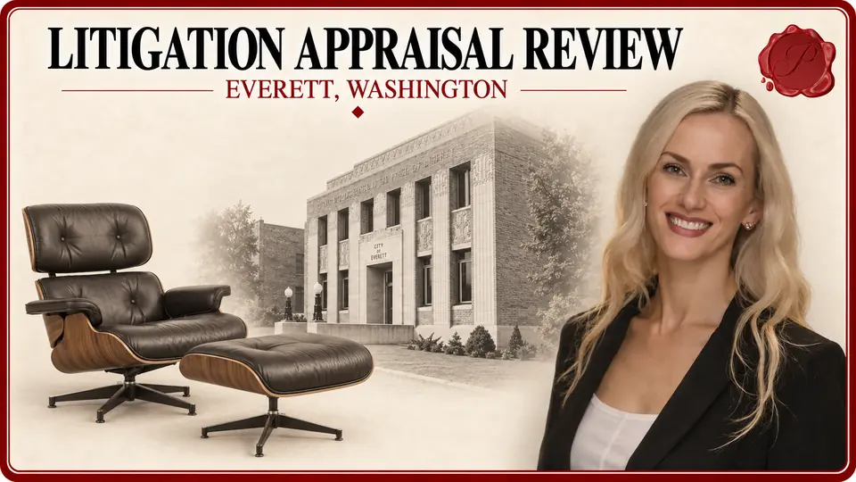 Litigation appraisal review in Everett, Washington, shown with a mid-century lounge chair, matching ottoman, an appraiser and Historic City Hall.