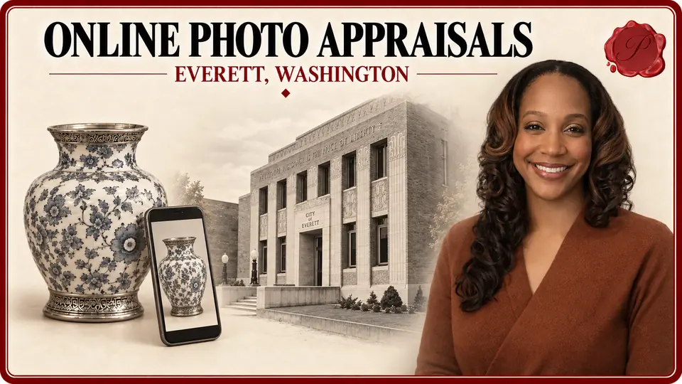 Online photo appraisals in Everett, Washington, with a blue-and-white ceramic vase, a vase photograph on a smartphone, an appraiser and Historic City Hall.