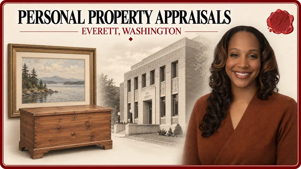 Personal property appraisals in Everett, Washington, illustrated by a framed coastal watercolor, cedar blanket chest, an appraiser and Historic City Hall.