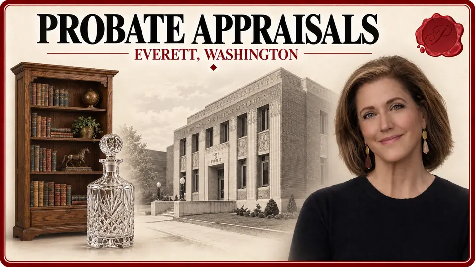 Probate appraisals in Everett, Washington, shown with an oak bookcase of books and decorative objects, a cut-glass decanter, an appraiser and Historic City Hall.