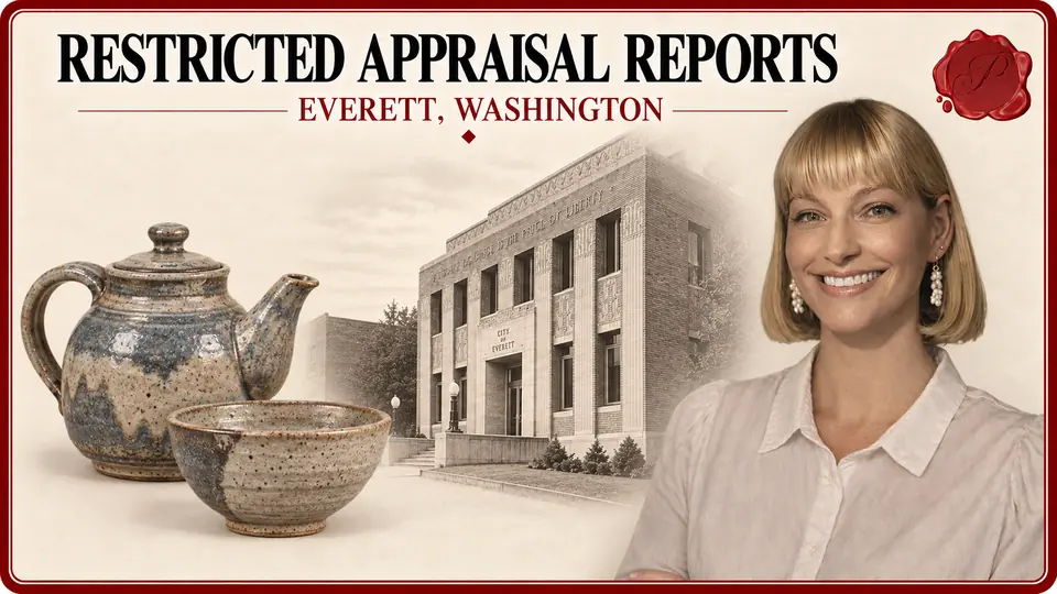 Restricted appraisal reports in Everett, Washington, illustrated by a ceramic teapot, stoneware bowl, an appraiser and Historic City Hall.
