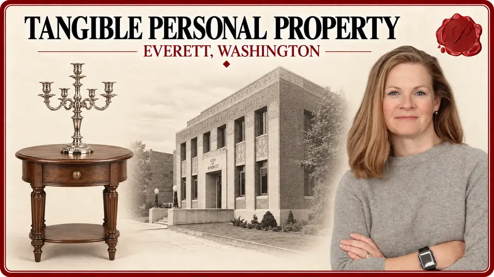Tangible personal property appraisal card for Everett, Washington, with a walnut side table, silver candelabrum, an appraiser and Historic City Hall.