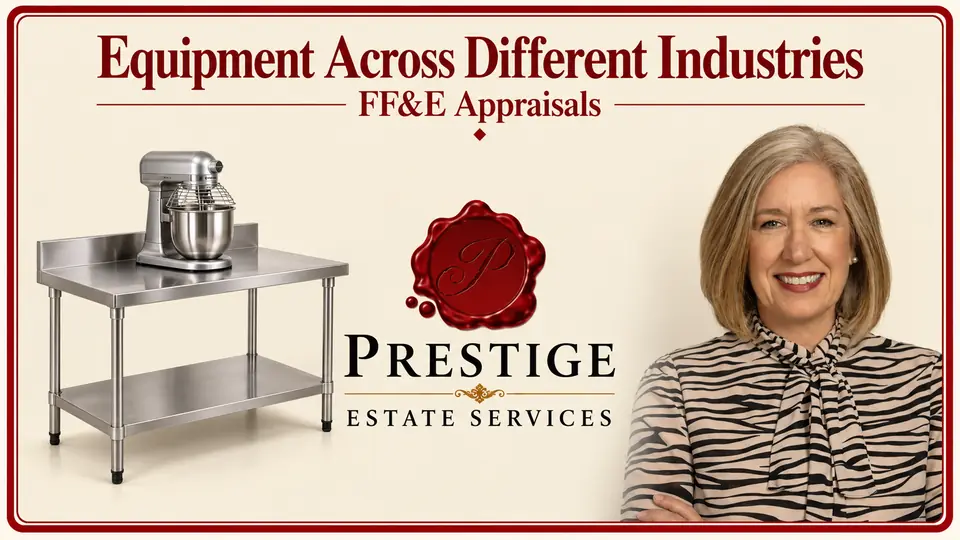 FF&E appraisal illustrated by a commercial mixer on a restaurant prep table, an appraiser and the Prestige logo.