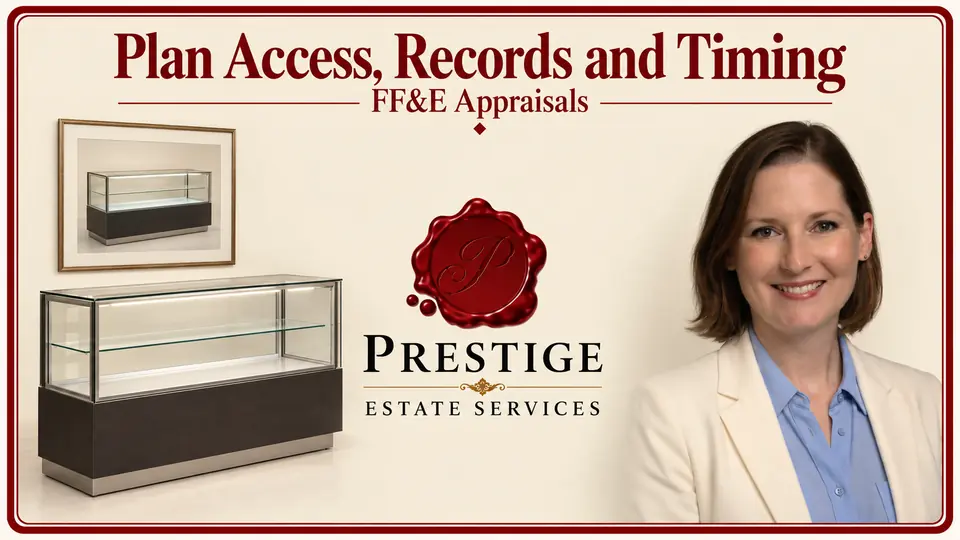 FF&E appraisal illustrated by a retail display case and matching photograph, an appraiser and the Prestige logo.