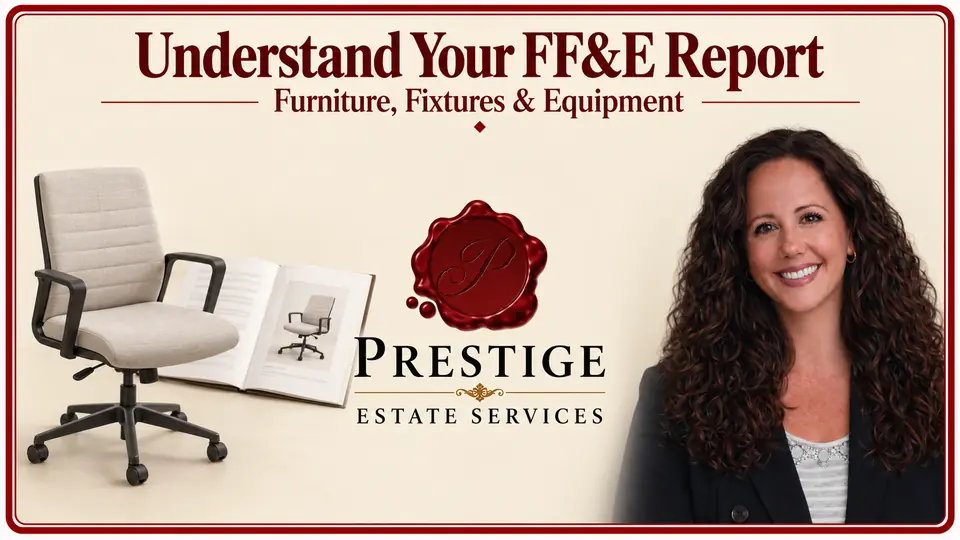 FF&E appraisal illustrated by an office task chair and matching report photograph, an appraiser and the Prestige logo.