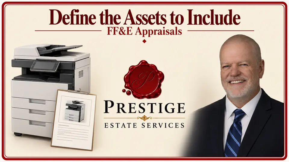 FF&E appraisal illustrated by an office copier and matching asset record, an appraiser and the Prestige logo.