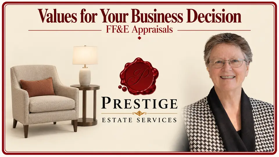 FF&E appraisal illustrated by a hotel armchair, side table and lamp, an appraiser and the Prestige logo.