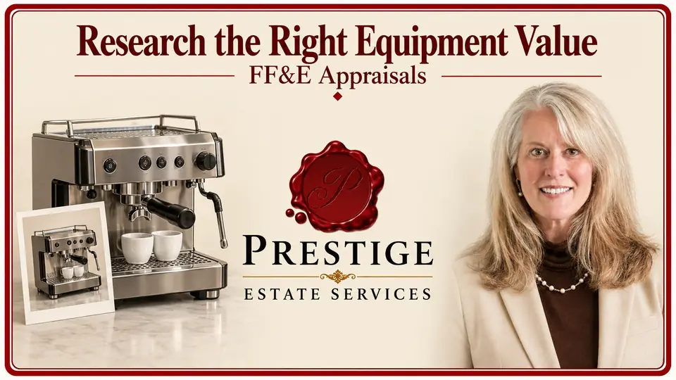 FF&E appraisal illustrated by an espresso machine and its matching photograph, an appraiser and the Prestige logo.