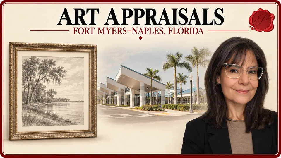 Art appraisals in Fort Myers–Naples, Florida, illustrated by a framed shoreline drawing, an appraiser and the Rosa Parks Transportation Center in Fort Myers.