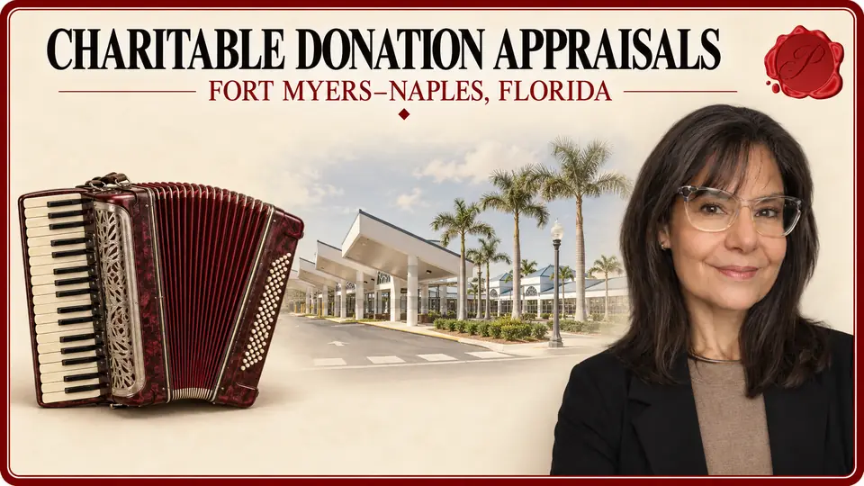 Charitable donation appraisals in Fort Myers–Naples, Florida, illustrated by an accordion, an appraiser and the Rosa Parks Transportation Center in Fort Myers.