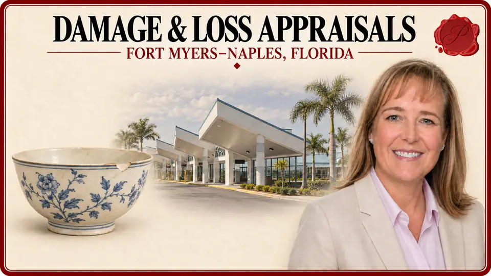Damage & loss appraisals in Fort Myers–Naples, Florida, illustrated by a botanical-pattern bowl with a rim chip, an appraiser and the Rosa Parks Transportation Center in Fort Myers.