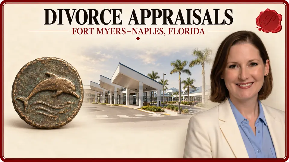 Divorce appraisals in Fort Myers–Naples, Florida, illustrated by a coin with a dolphin motif, an appraiser and the Rosa Parks Transportation Center in Fort Myers.