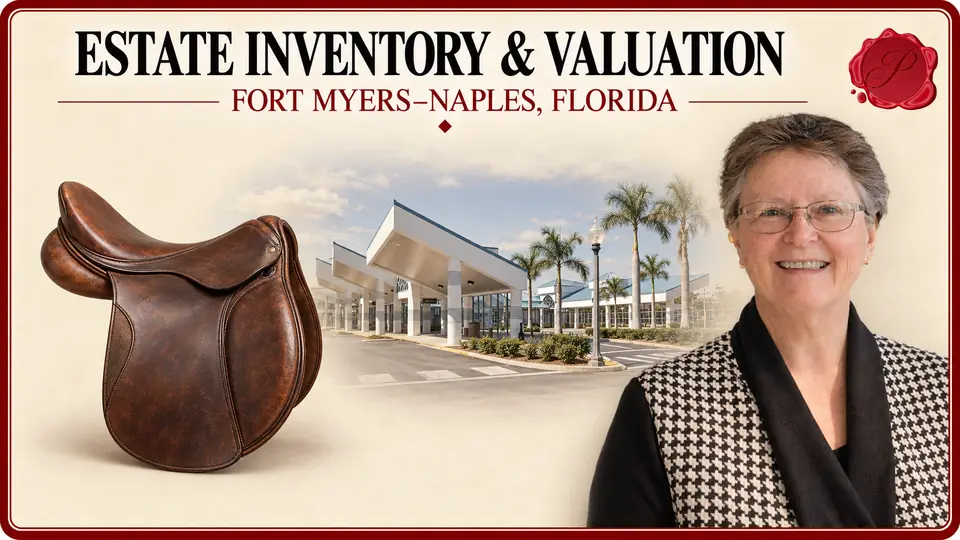 Estate inventory & valuation in Fort Myers–Naples, Florida, illustrated by a brown riding saddle, an appraiser and the Rosa Parks Transportation Center in Fort Myers.