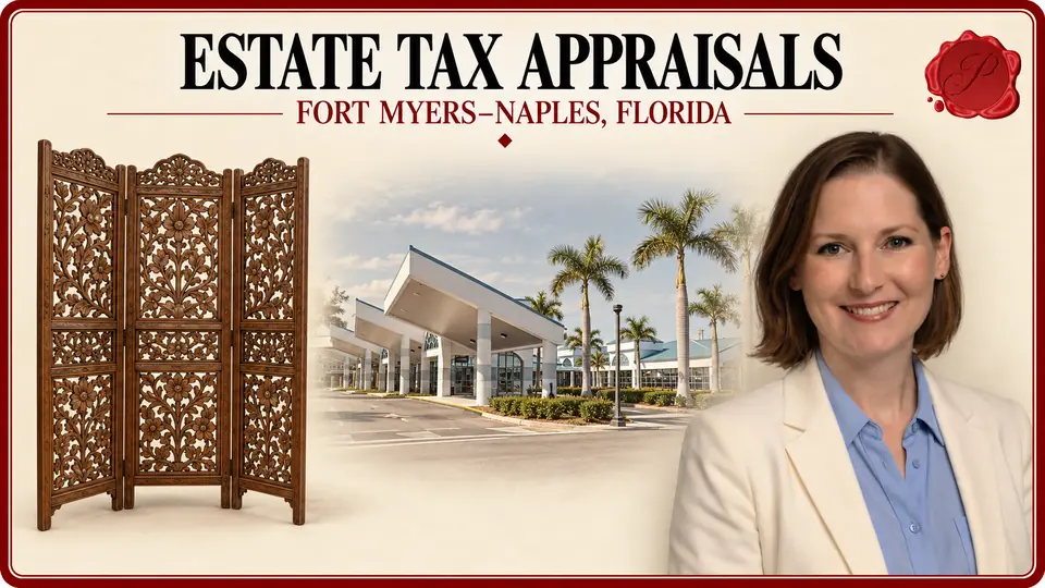 Estate tax appraisals in Fort Myers–Naples, Florida, illustrated by a carved folding room divider, an appraiser and the Rosa Parks Transportation Center in Fort Myers.