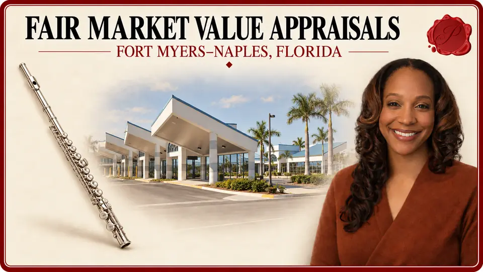 Fair market value appraisals in Fort Myers–Naples, Florida, illustrated by a concert flute, an appraiser and the Rosa Parks Transportation Center in Fort Myers.