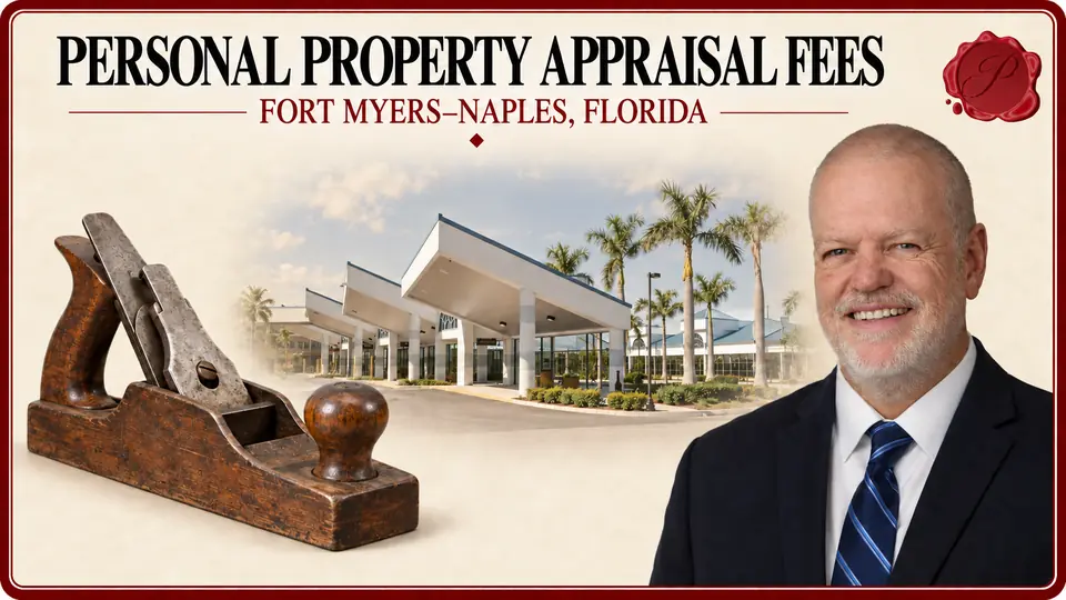Personal property appraisal fees in Fort Myers–Naples, Florida, illustrated by a carpenter’s hand plane, an appraiser and the Rosa Parks Transportation Center in Fort Myers.