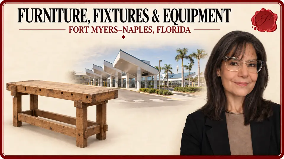 Furniture, fixtures & equipment in Fort Myers–Naples, Florida, illustrated by a wooden workbench, an appraiser and the Rosa Parks Transportation Center in Fort Myers.
