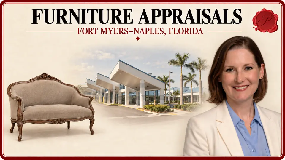 Furniture appraisals in Fort Myers–Naples, Florida, illustrated by a small upholstered settee, an appraiser and the Rosa Parks Transportation Center in Fort Myers.