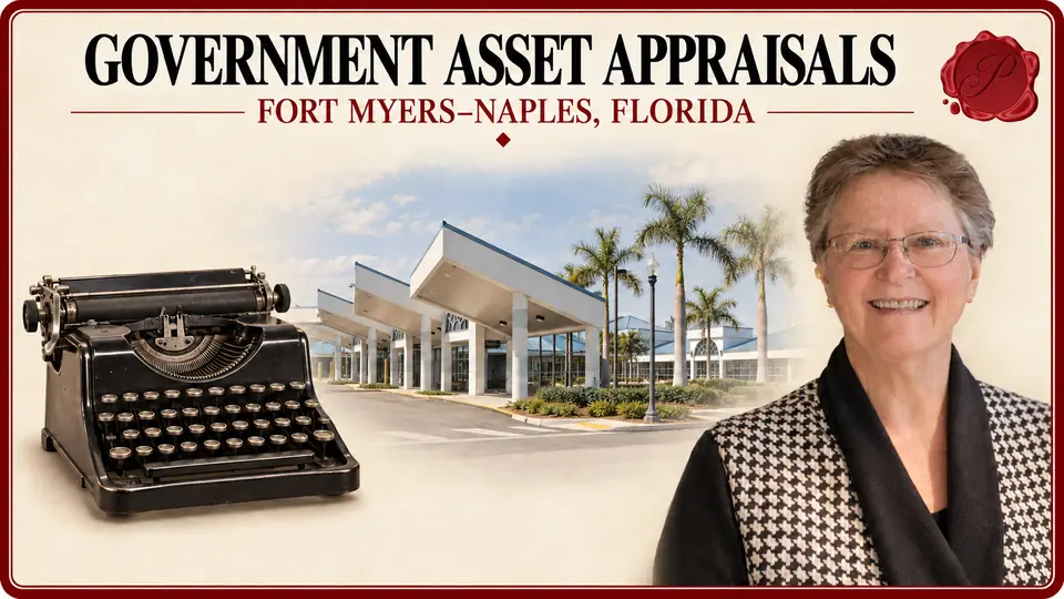 Government asset appraisals in Fort Myers–Naples, Florida, illustrated by a manual typewriter, an appraiser and the Rosa Parks Transportation Center in Fort Myers.