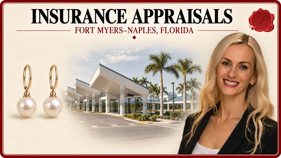 Insurance appraisals in Fort Myers–Naples, Florida, illustrated by a pair of pearl-style drop earrings, an appraiser and the Rosa Parks Transportation Center in Fort Myers.