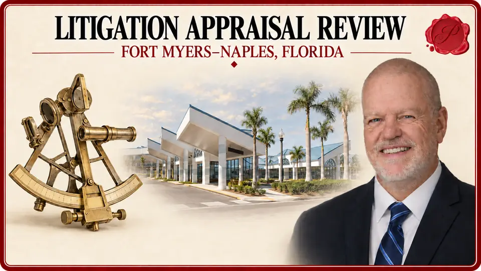 Litigation appraisal review in Fort Myers–Naples, Florida, illustrated by a nautical sextant, an appraiser and the Rosa Parks Transportation Center in Fort Myers.