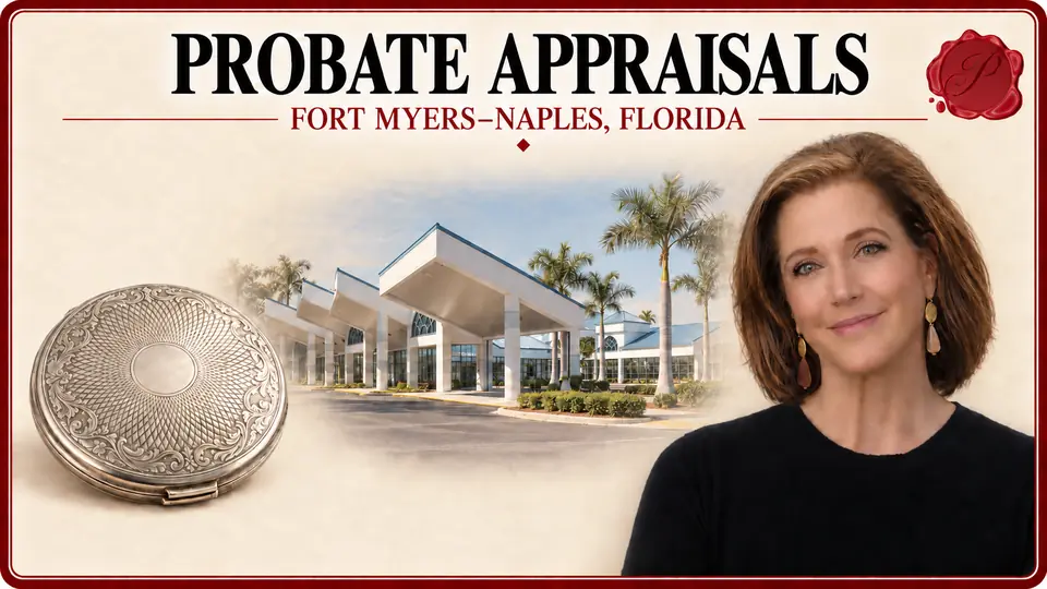 Probate appraisals in Fort Myers–Naples, Florida, illustrated by an engraved compact, an appraiser and the Rosa Parks Transportation Center in Fort Myers.