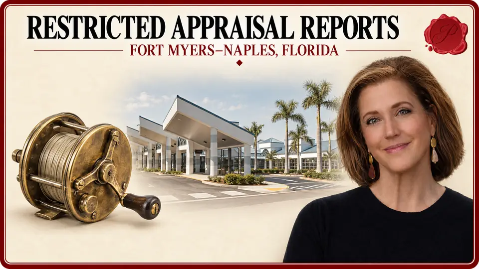Restricted appraisal reports in Fort Myers–Naples, Florida, illustrated by a fishing reel, an appraiser and the Rosa Parks Transportation Center in Fort Myers.