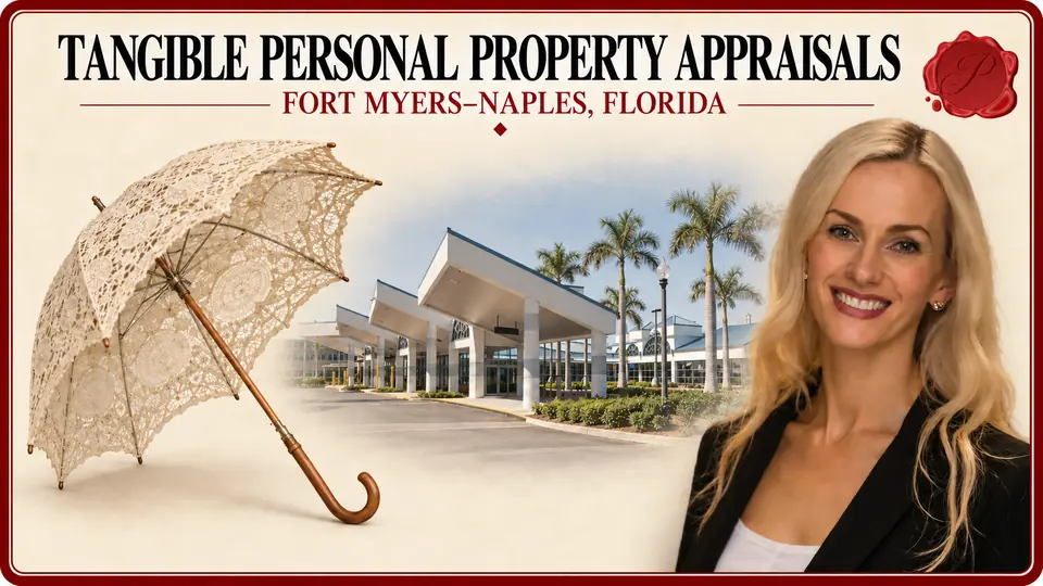 Tangible personal property appraisals in Fort Myers–Naples, Florida, illustrated by a lace parasol, an appraiser and the Rosa Parks Transportation Center in Fort Myers.