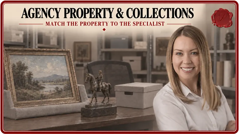 Appraiser beside framed artwork, a bronze sculpture, an archival box and an office chair for government property appraisal.
