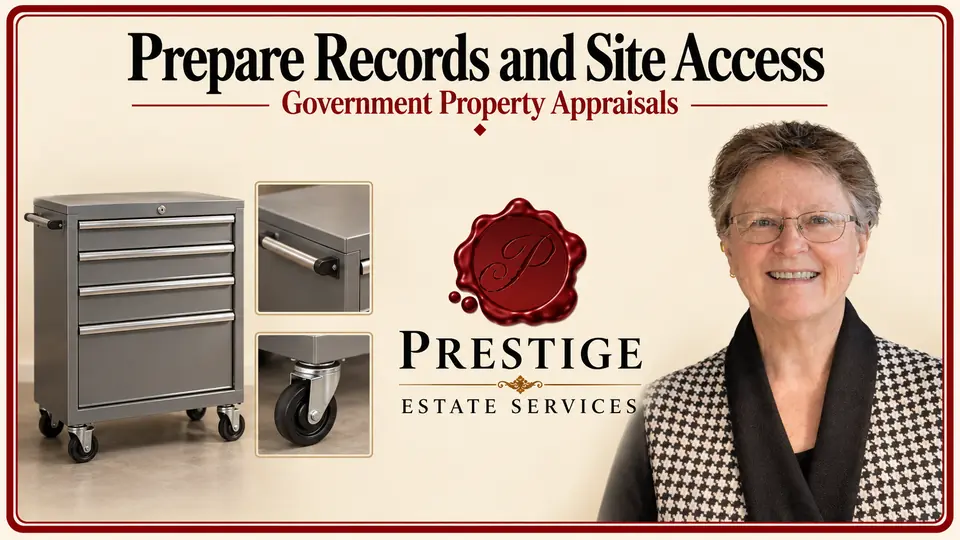 Agency appraisal preparation illustrated by a tool cabinet, condition photographs, appraiser and Prestige logo.