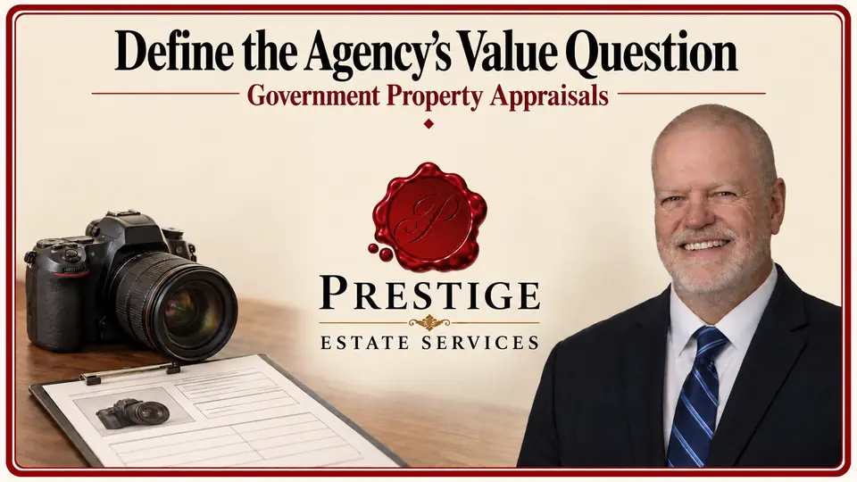 Government asset appraisal illustrated by a camera, matching inventory record, appraiser and Prestige logo.