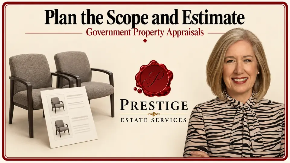 Government appraisal estimating illustrated by two office chairs, inventory sheet, appraiser and Prestige logo.