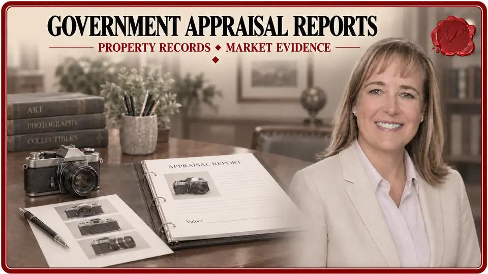 Appraiser beside a written government appraisal report, camera and research photographs documenting personal property value.