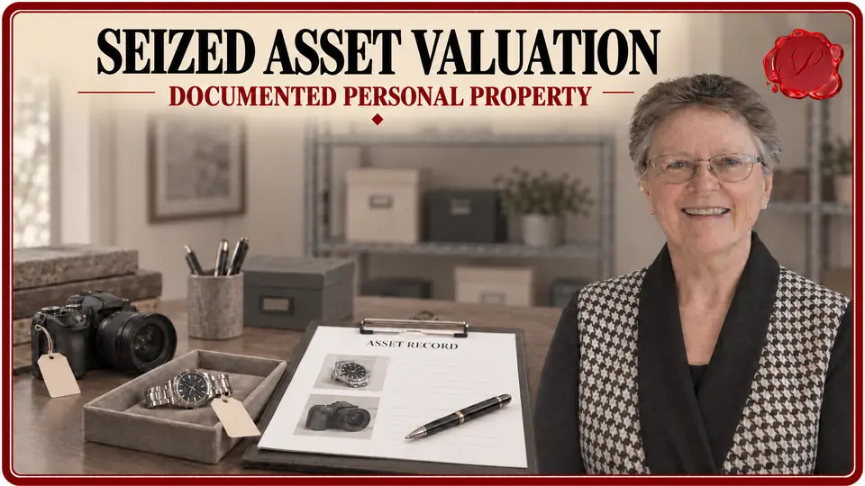 Appraiser beside a tagged watch, camera and asset record for seized personal property valuation.