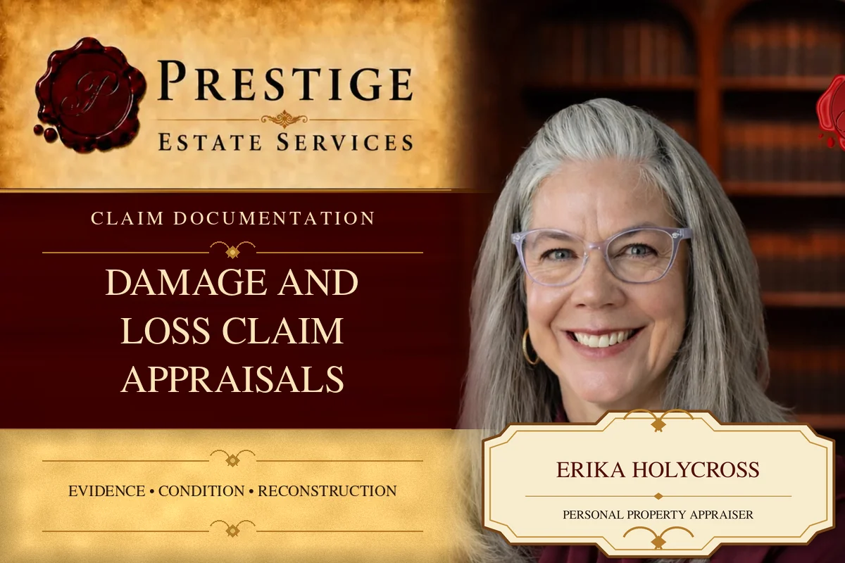 Erika Holycross on the Prestige Estate Services damage loss appraisal card.