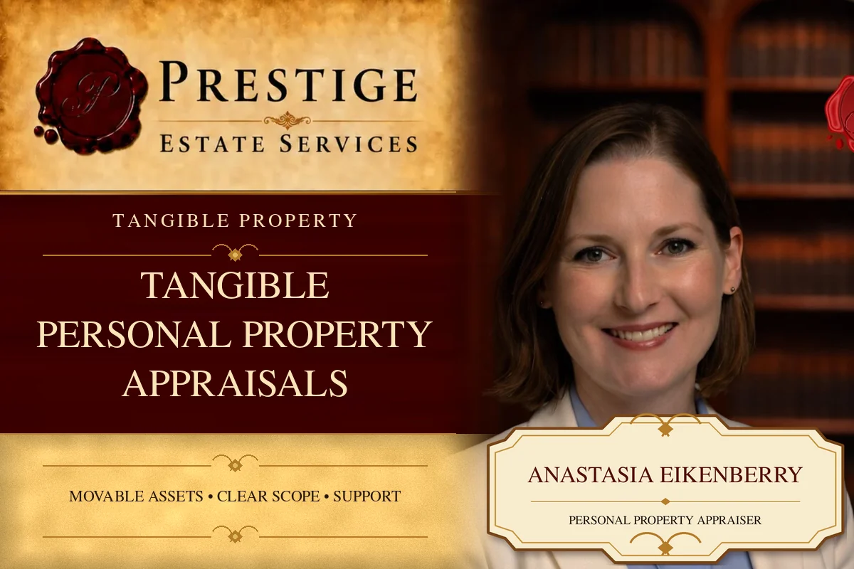Anastasia Eikenberry on the Prestige Estate Services tangible personal property appraisal card.