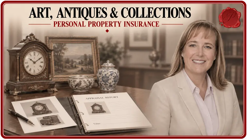 Appraiser beside an antique mantel clock, framed painting and ceramics for personal property insurance appraisals.