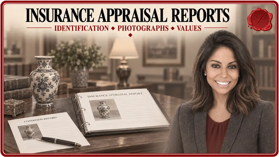 Appraiser beside an insurance appraisal report, ceramic vase and condition record documenting personal property.
