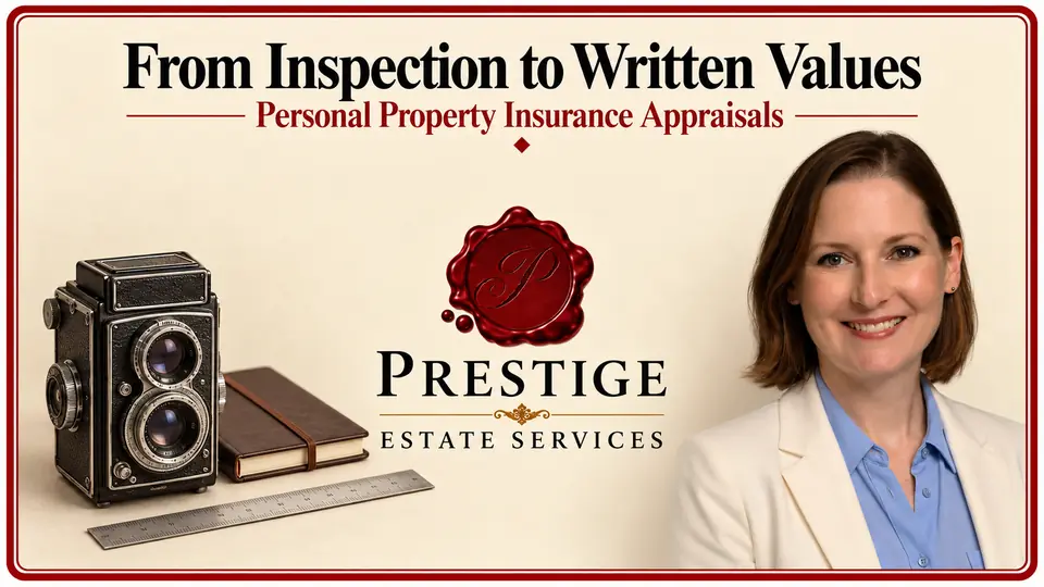 Insurance appraisal illustrated by a camera, ruler and research notebook, appraiser and Prestige logo.