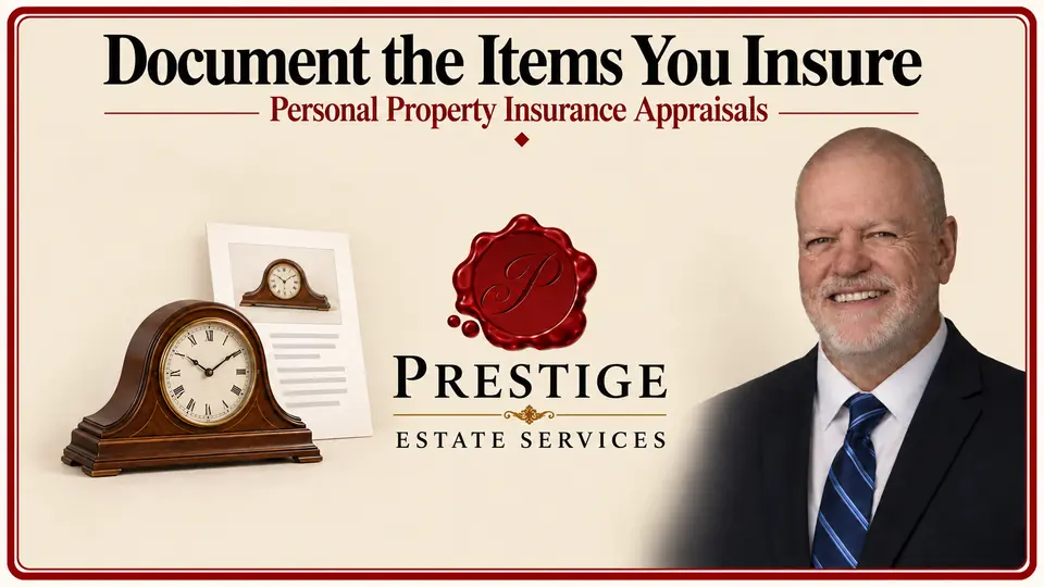 Insurance appraisal illustrated by a mantel clock and matching item schedule, appraiser and Prestige logo.