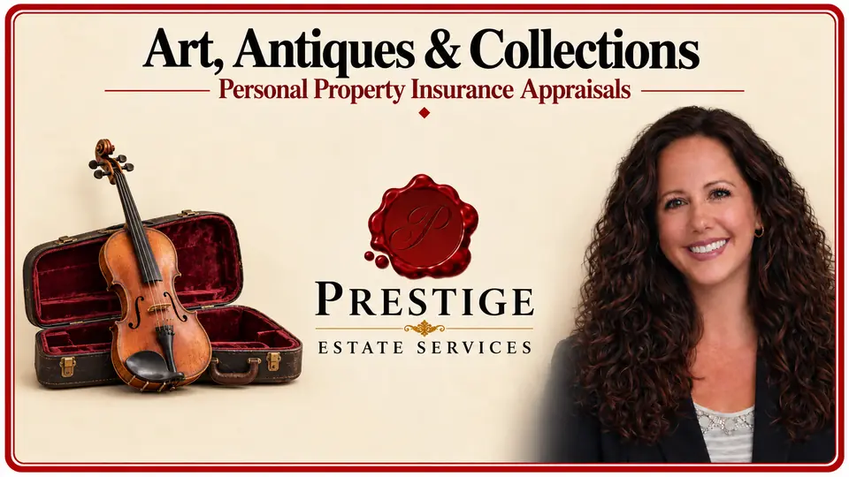 Insurance appraisal illustrated by a violin and its case, appraiser and Prestige logo.