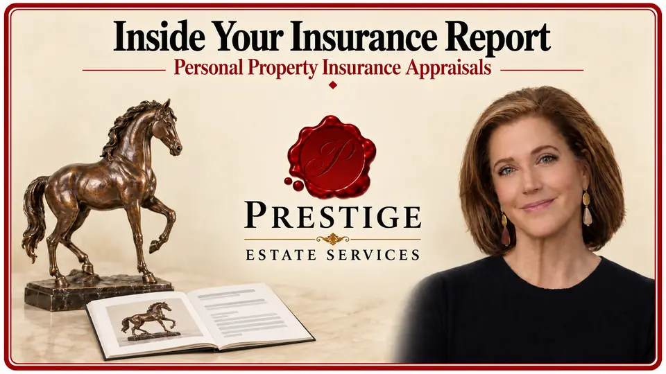 Insurance appraisal illustrated by a bronze horse and matching report photograph, appraiser and Prestige logo.